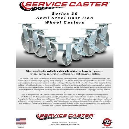 Service Caster 5 Inch Semi Steel Caster Set with Roller Bearings 4 Swivel Lock 2 Brake SCC SCC-30CS520-SSR-TLB-BSL-2-BSL-2